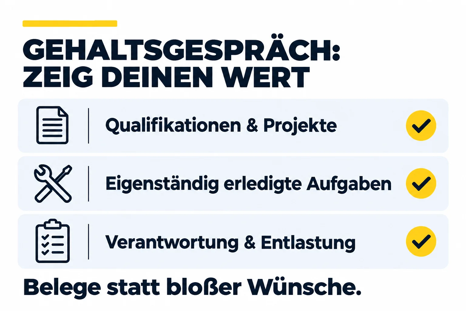 Belege fürs Gehaltsgespräch: Qualifikationen und Projekte, eigenständig erledigte Aufgaben, Verantwortung und Entlastung. Belege statt bloßer Wünsche.