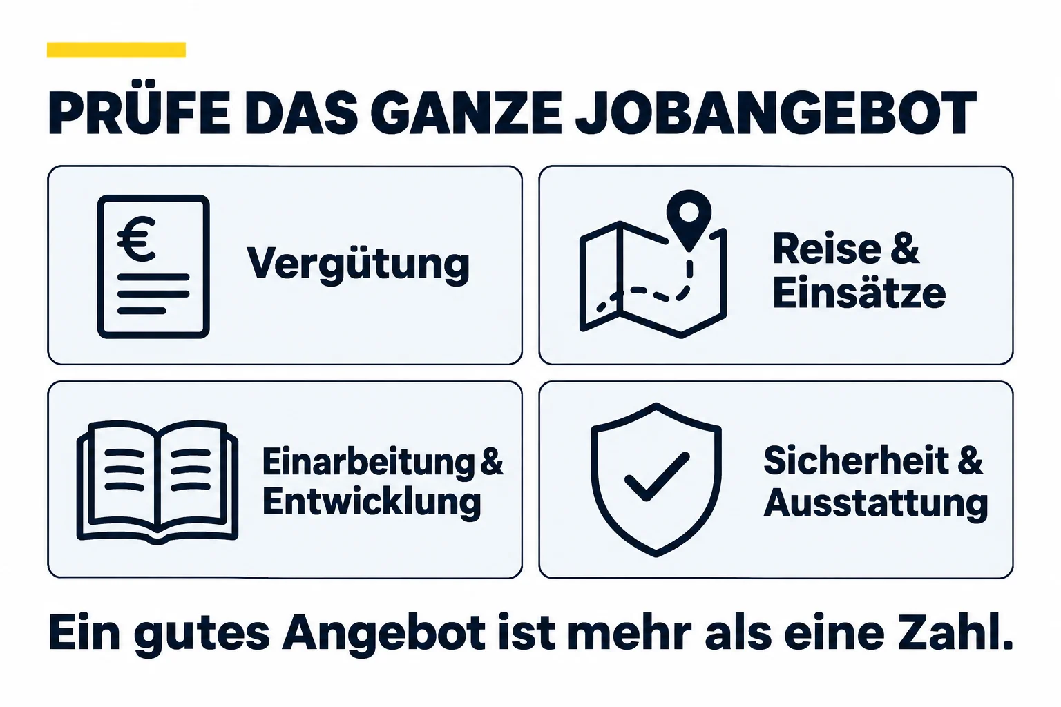 Das ganze Jobangebot prüfen: Vergütung, Reise und Einsätze, Einarbeitung und Entwicklung, Sicherheit und Ausstattung. Mehr als eine Zahl.