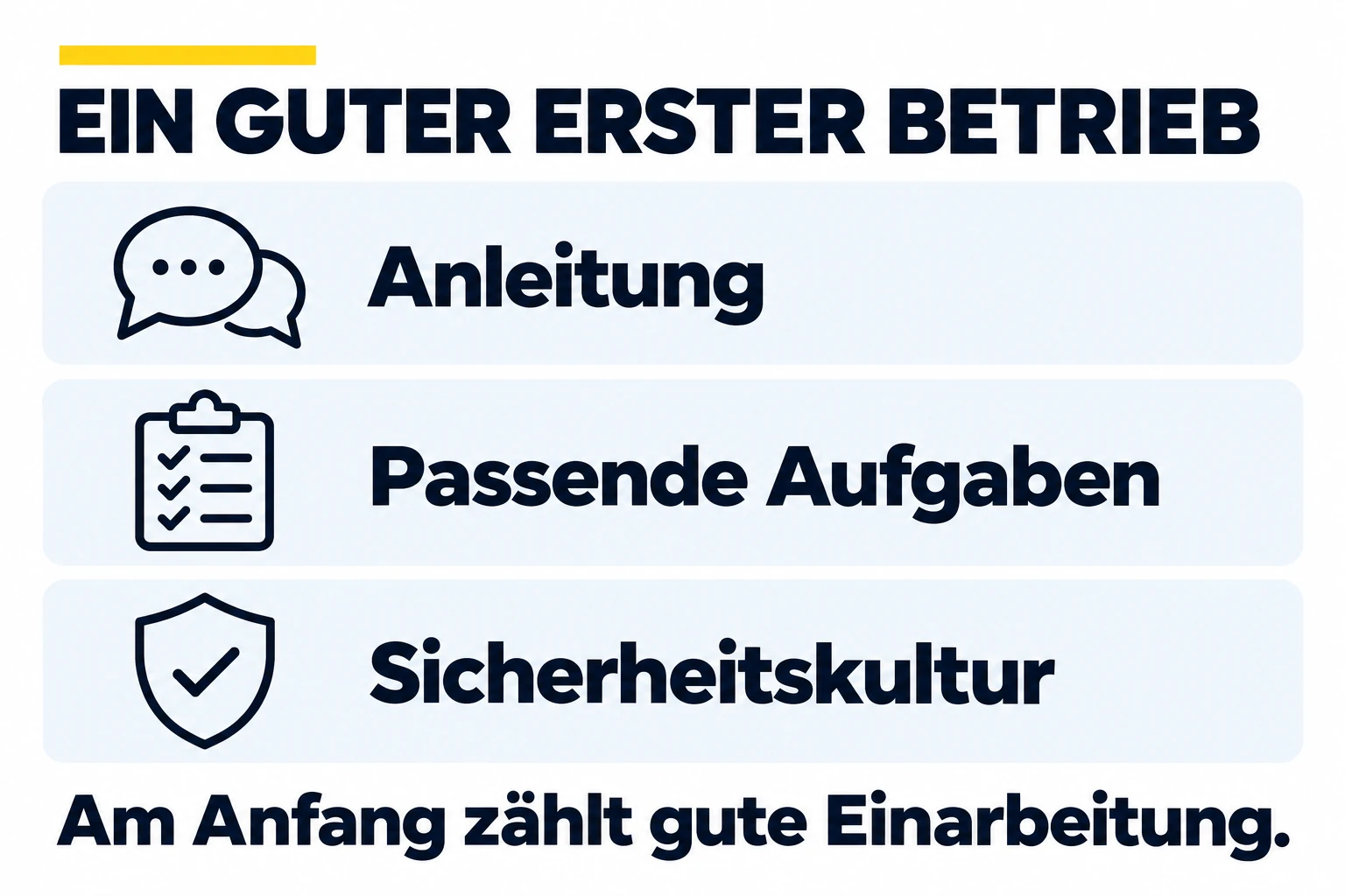 Ein geeigneter Einstiegsbetrieb bietet Anleitung, passende Aufgaben und eine klare Sicherheitskultur. Anfänger brauchen Einarbeitung statt maximaler Verantwortung.