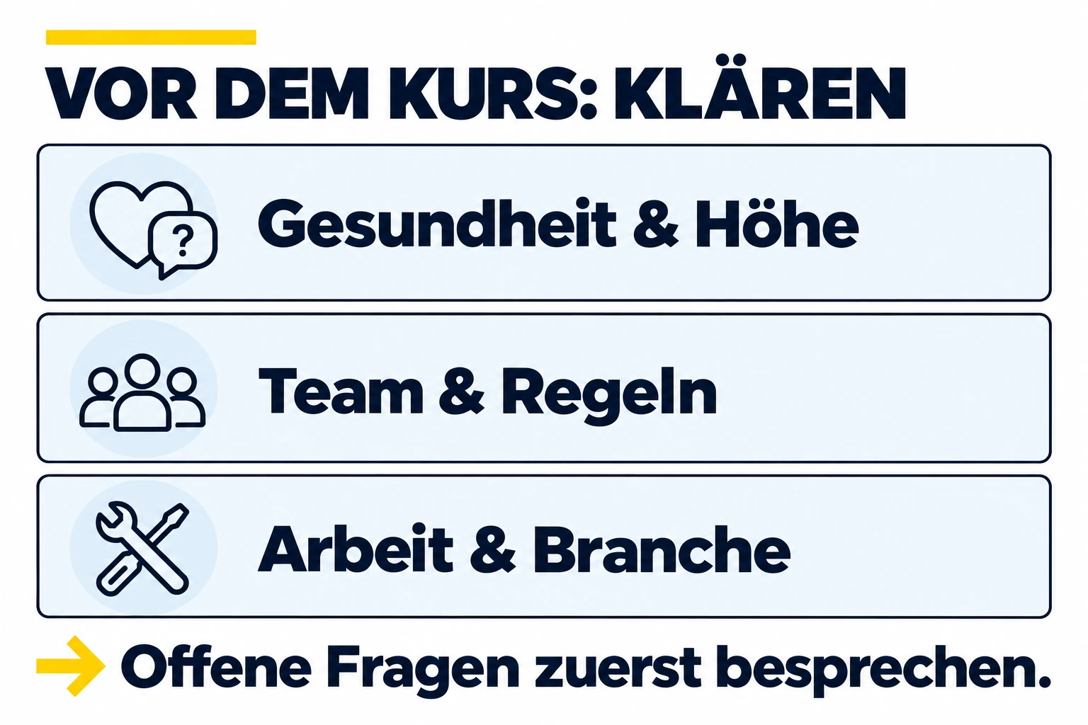 Vor der Kursbuchung offene Fragen zu Gesundheit und Höhe, Team und Regeln sowie gewünschter Arbeit und Branche besprechen. Die Grafik stellt keine Eignung fest.