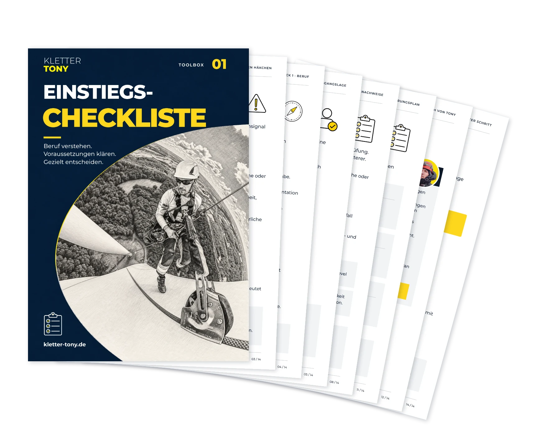 Aufgefächerte Vorschau der Einstiegs-Checkliste von Kletter.Tony mit Cover und sieben Innenseiten.