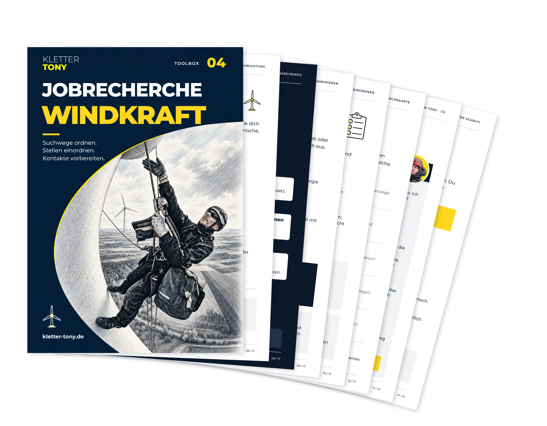 Aufgefächerte Vorschau der Jobrecherche Windkraft mit Cover und sieben Innenseiten.