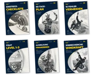 Sechs Kletter.Tony-Leitfäden als dünne Magazincover: Einstiegs-Checkliste, 90-Tage-Plan, 10 Fehler vermeiden, FISAT Level 1–3, Ausbildung finanzieren und Jobrecherche Windkraft.