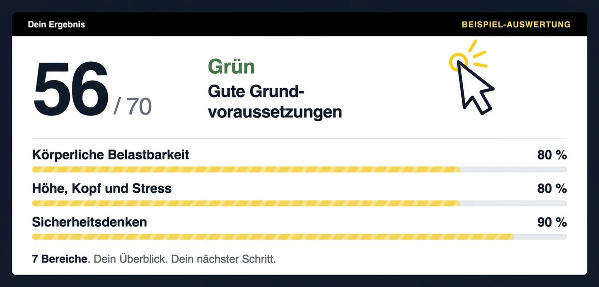 Beispielauswertung des Selbsttests mit Mauszeiger und gelbem Klickimpuls: 56 von 70 Punkten, drei Auswertungsbalken